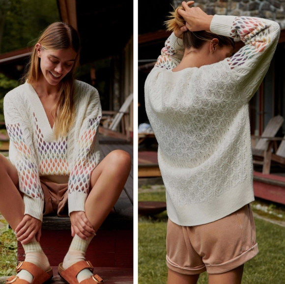 Chenille V-Neck Texture Cable-Knit Sweater in Cream Rainbow - Picture 3 of 7